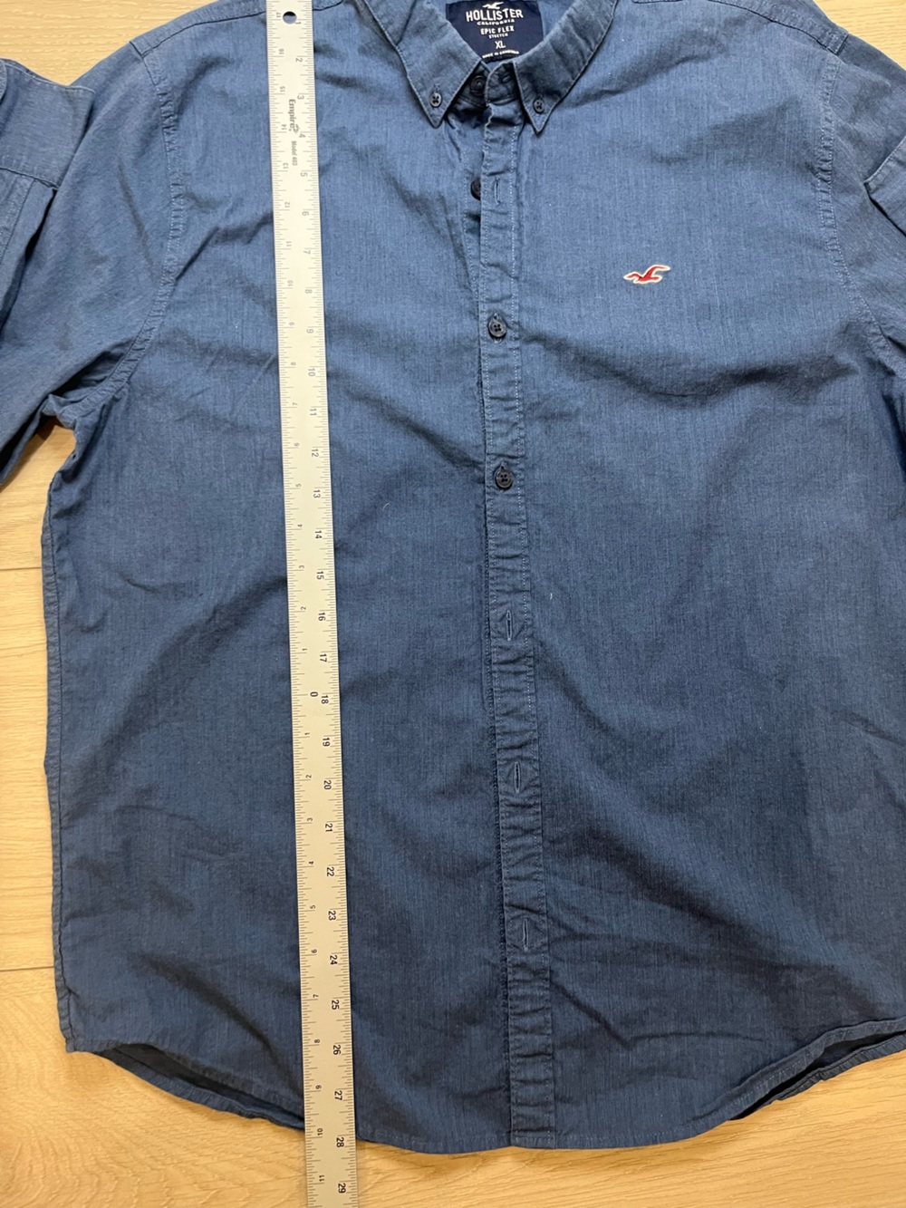 Hollister Men's Indigo Button-Down Shirt with Red Logo XL